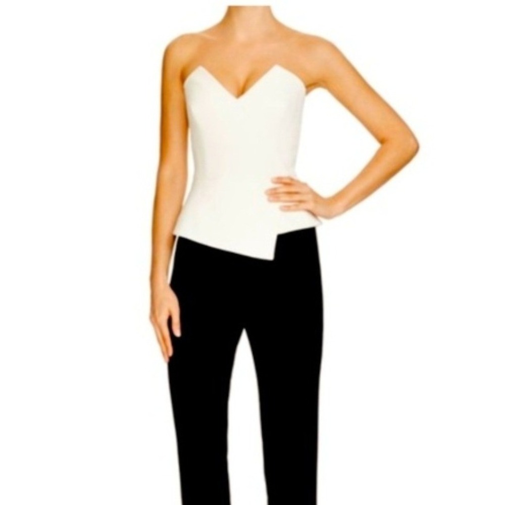 Reiss Dillon Jumpsuit Womens 6 White Black Strapless Peplum Asymmetric Slim Leg